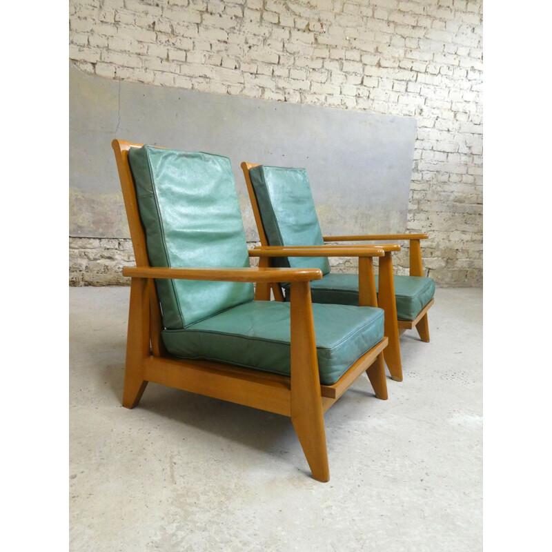 Pair of vintage green leather system armchairs, 1940-1950