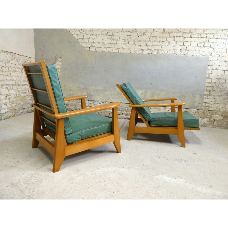 Paar vintage groen lederen fauteuils, 1940-1950