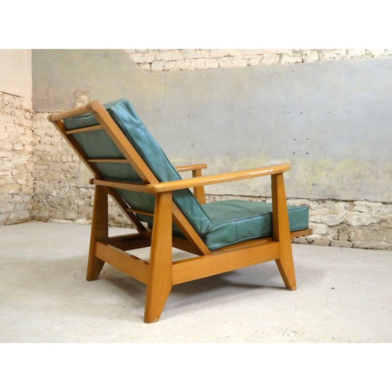 Pair of vintage green leather system armchairs, 1940-1950