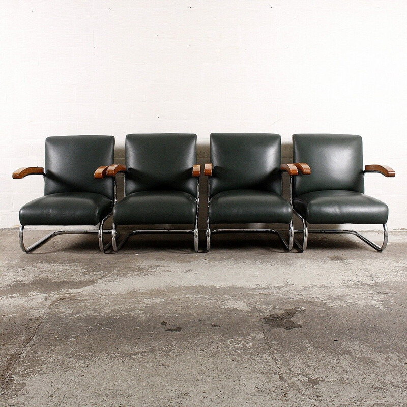 Set of four "S411" Thonet armchairs in dark green leather, THONET - 1960s