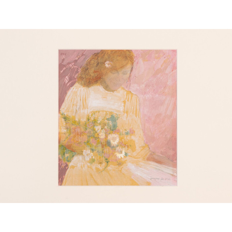 Gouache vintage sur carton "Dame avec Fleurs"