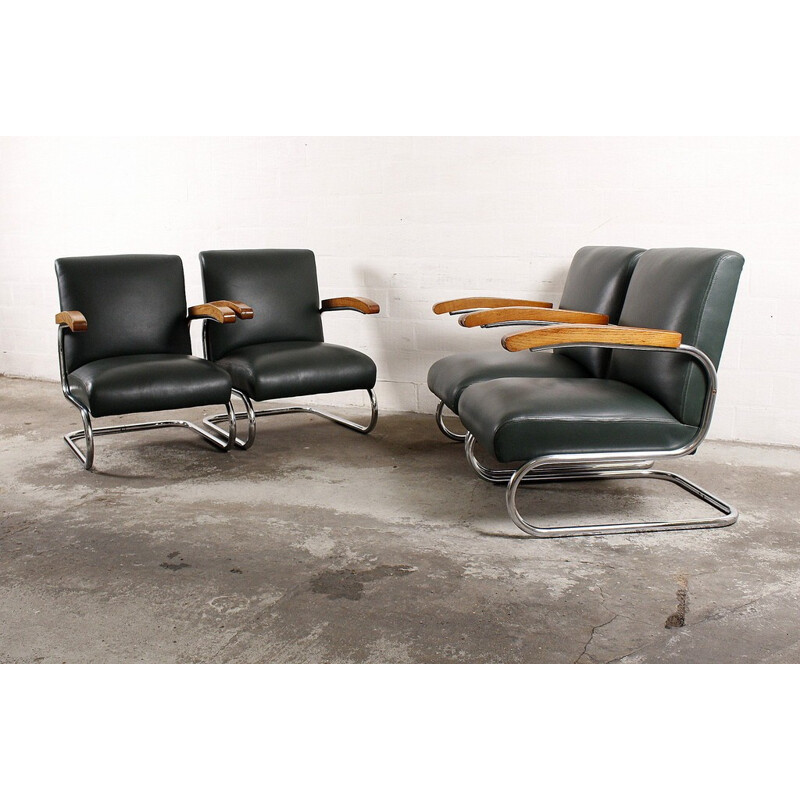 Ensemble de 4 fauteuils Thonet "S411" en cuir, THONET - 1960