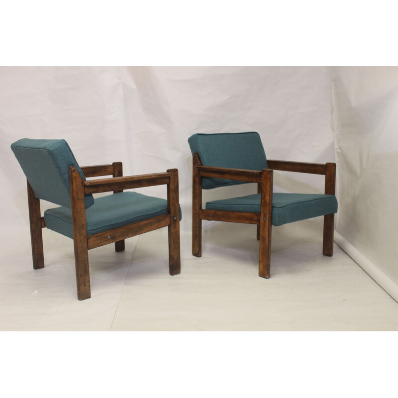 Pair of vintage wood and green fabric armchairs, 1970