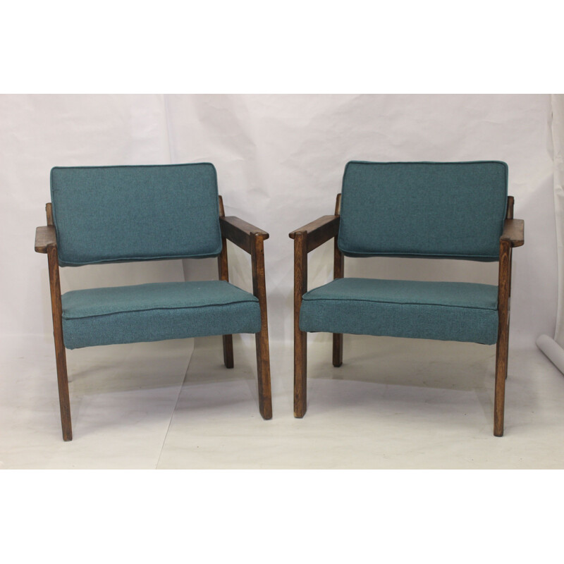 Pair of vintage wood and green fabric armchairs, 1970