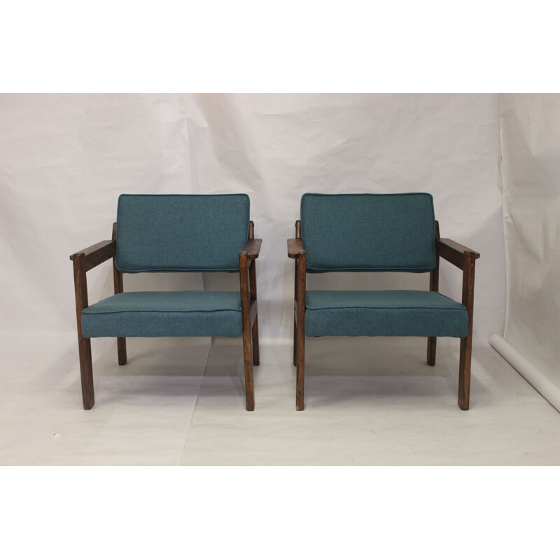 Pair of vintage wood and green fabric armchairs, 1970