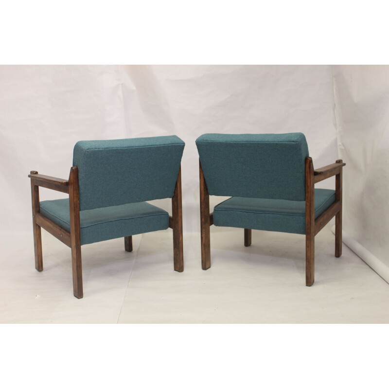 Pair of vintage wood and green fabric armchairs, 1970