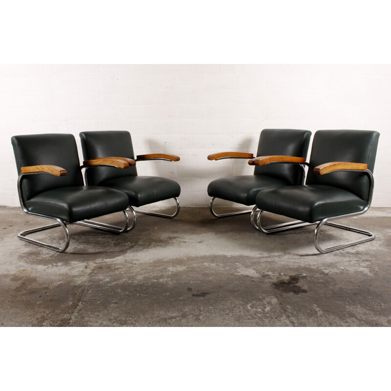Set of four "S411" Thonet armchairs in dark green leather, THONET - 1960s