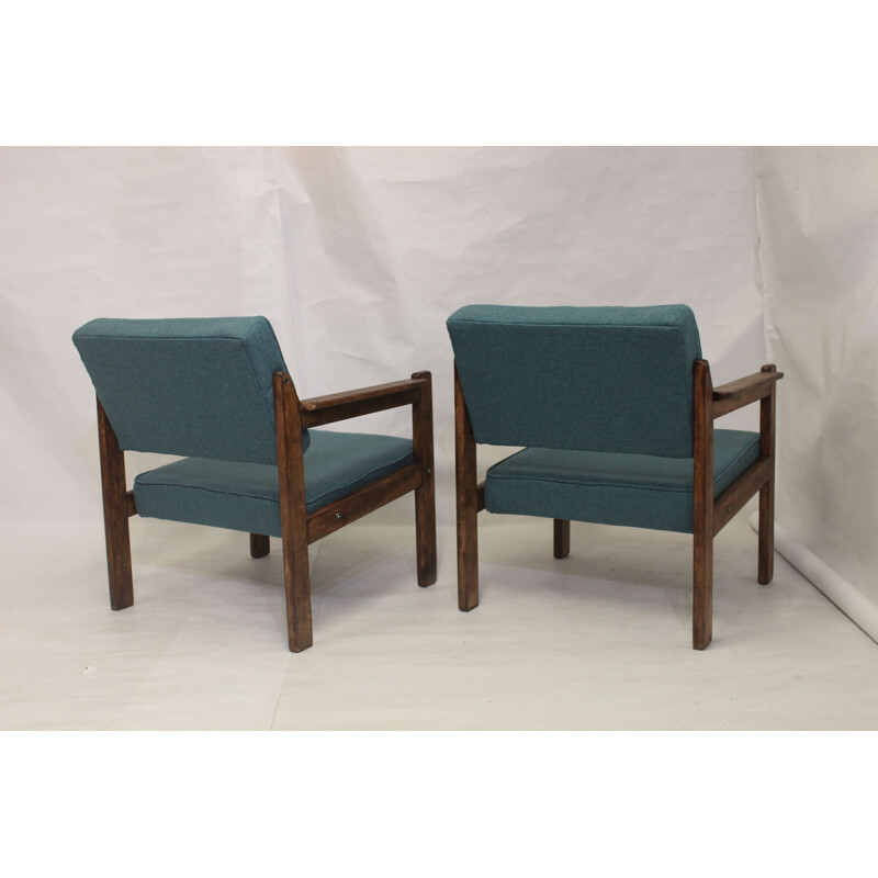 Pair of vintage wood and green fabric armchairs, 1970
