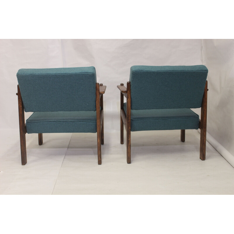 Pair of vintage wood and green fabric armchairs, 1970