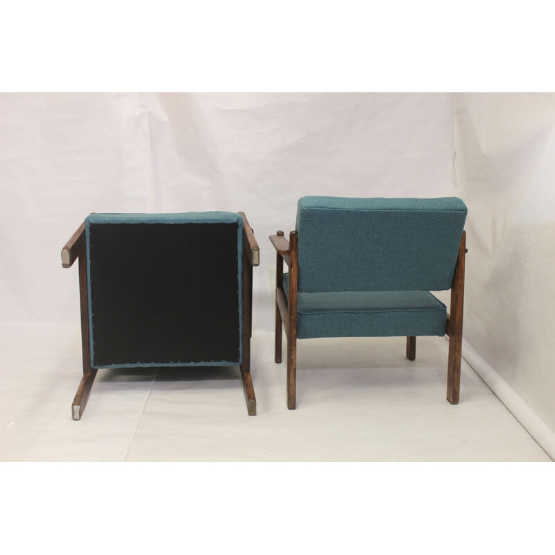 Pair of vintage wood and green fabric armchairs, 1970