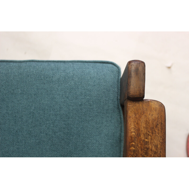 Pair of vintage wood and green fabric armchairs, 1970