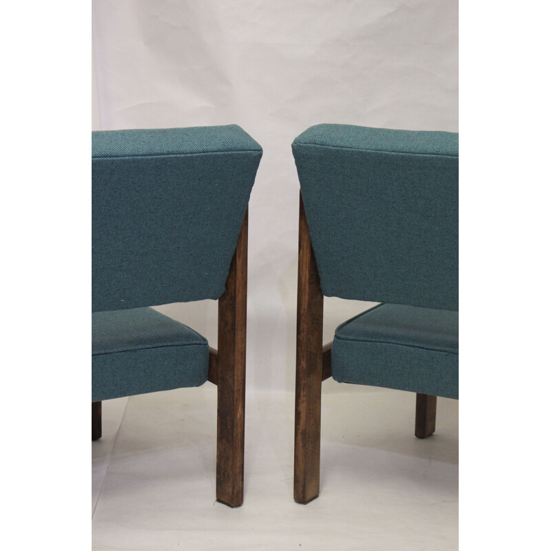 Pair of vintage wood and green fabric armchairs, 1970