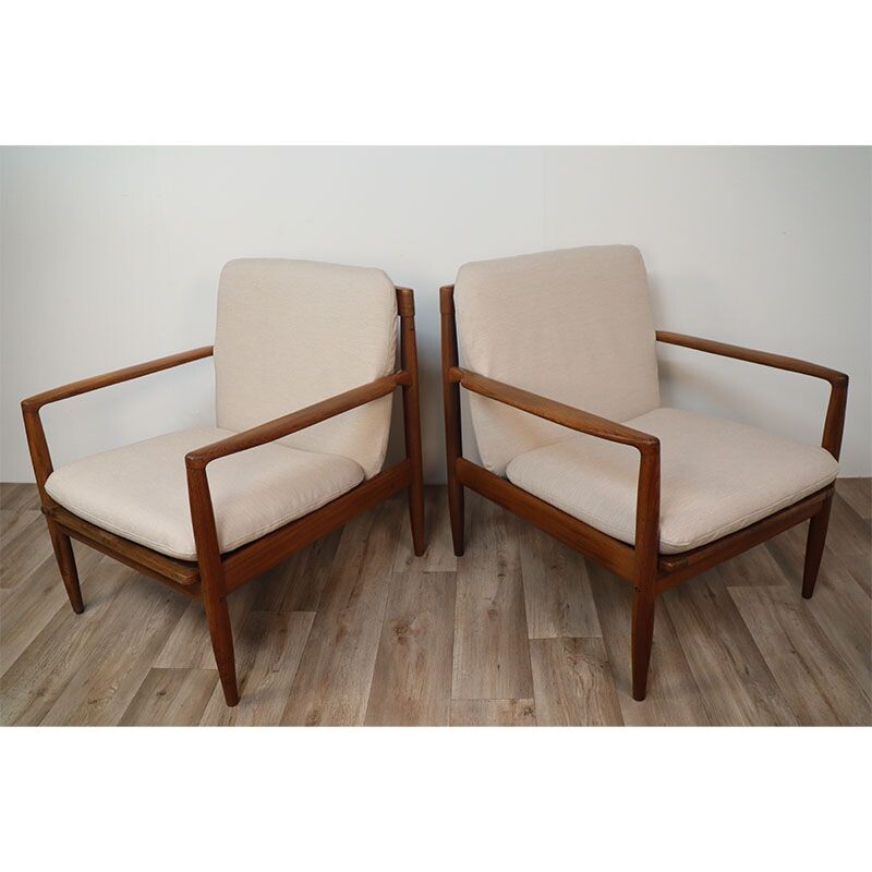 Pair of vintage Scandinavian teak and fabric armchairs, 1960