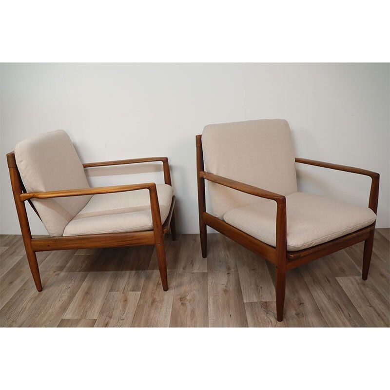 Paire de fauteuils scandinave vintage en teck et tissu, 1960