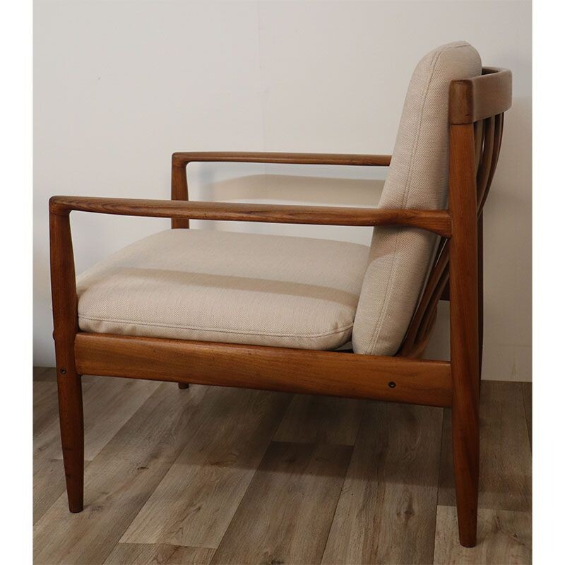 Pair of vintage Scandinavian teak and fabric armchairs, 1960