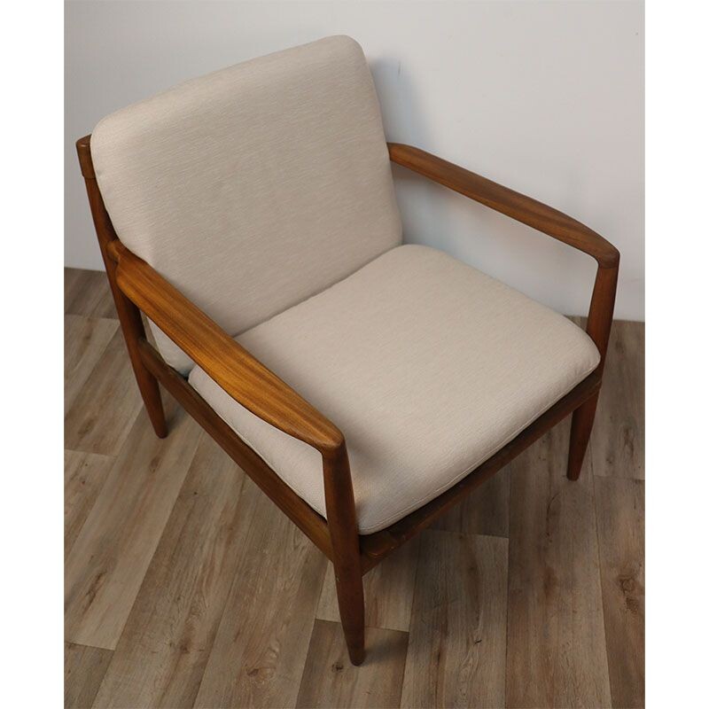 Pair of vintage Scandinavian teak and fabric armchairs, 1960
