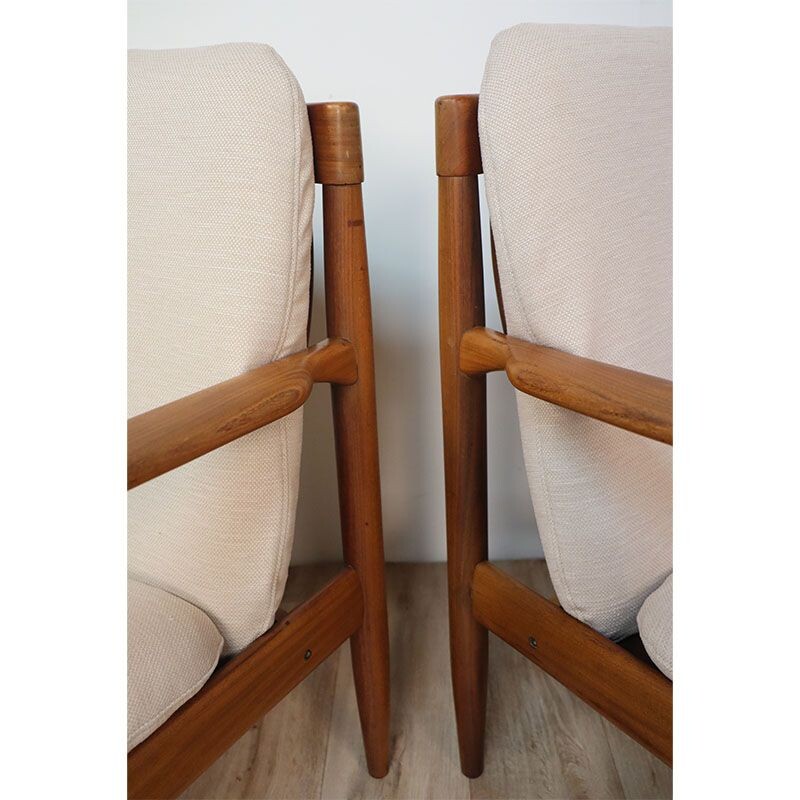 Pair of vintage Scandinavian teak and fabric armchairs, 1960