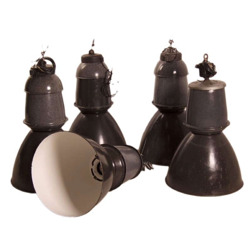 Set of 5 vintage factory enameled pendant lamps by Efc, 1950