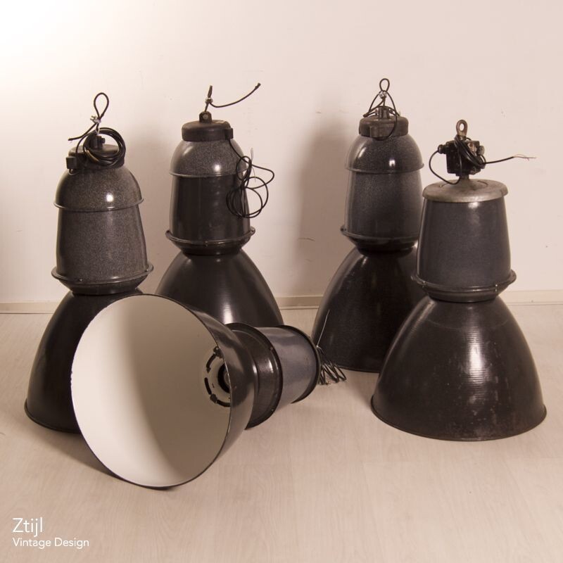 Set of 5 vintage factory enameled pendant lamps by Efc, 1950