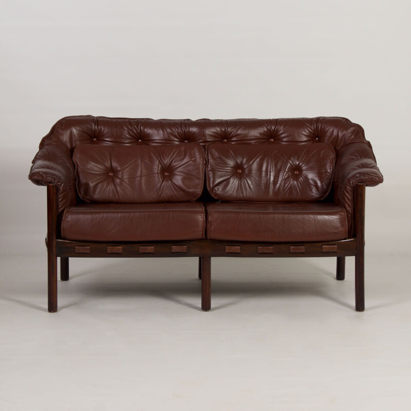 Vintage two-seater brown leather sofa by Sven Ellekaer for Coja, 1960s
