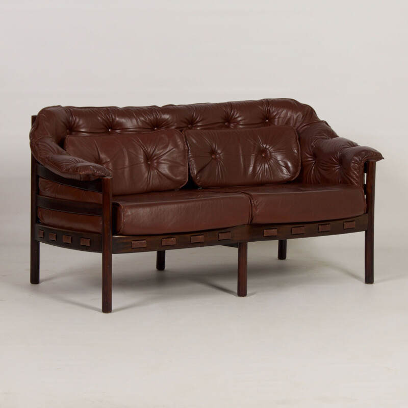 Canapé vintage deux places en cuir brun par Sven Ellekaer pour Coja, 1960