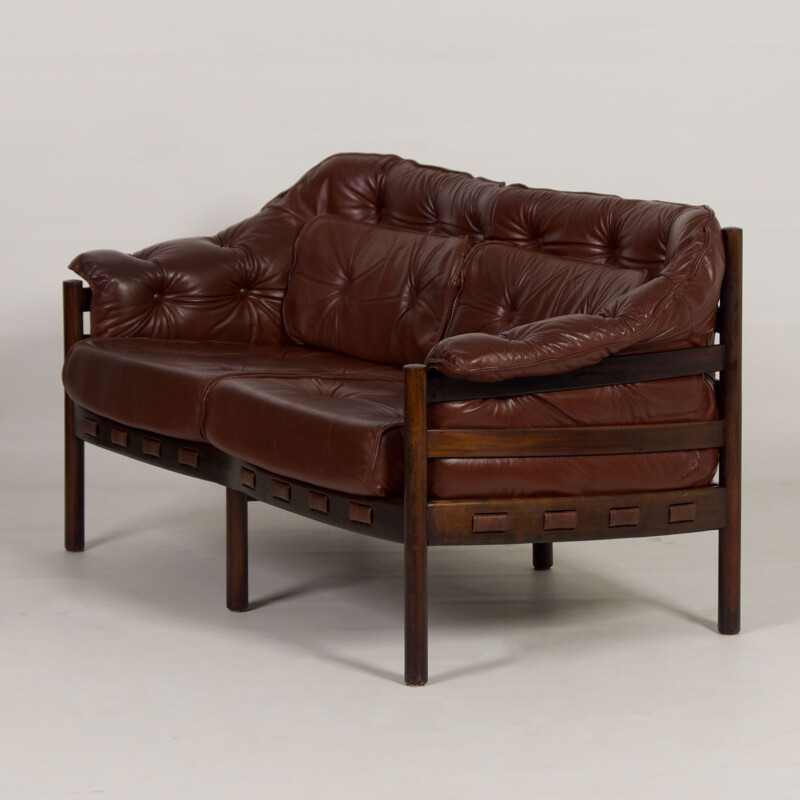 Vintage two-seater brown leather sofa by Sven Ellekaer for Coja, 1960s