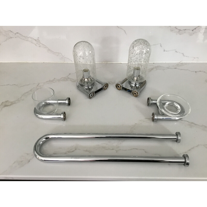 Set van 2 badkamerlampen, zeepbakje, glashouder en vintage handdoekhouder