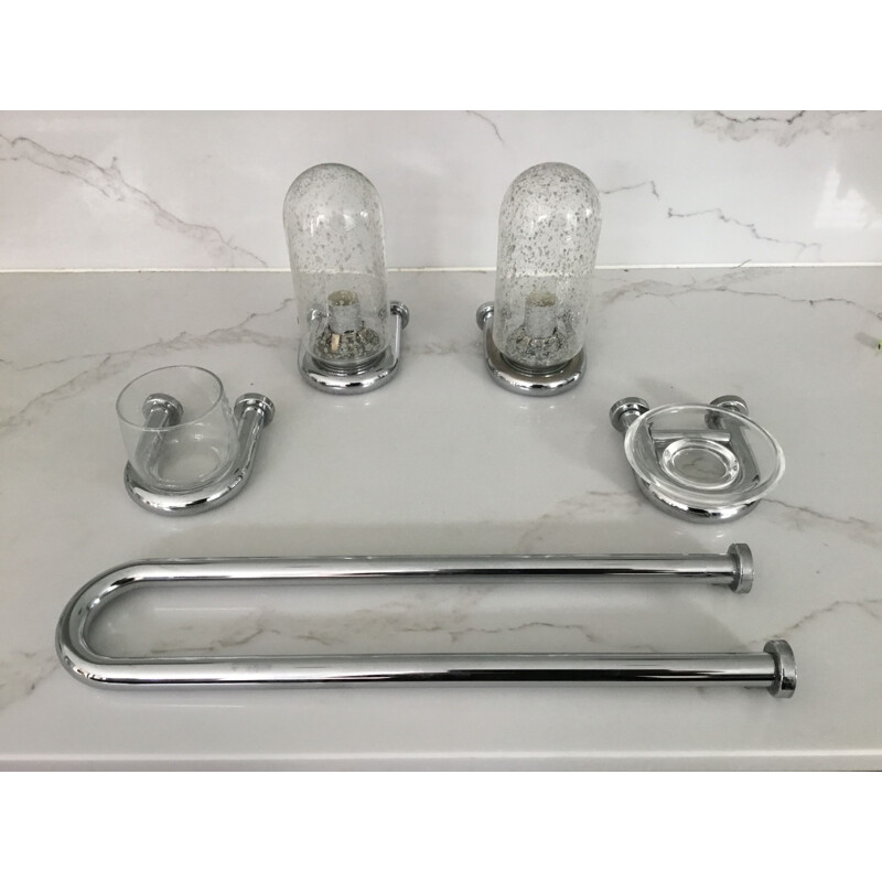 Set bestehend aus 2 Badezimmerlampen, Seifenschale, Gläserhalter und Handtuchhalter im Vintage-Stil