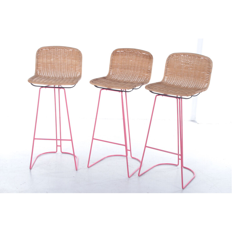 Italian vintage set of 3 bar stools made of cane and metal by Cidue, 1980s