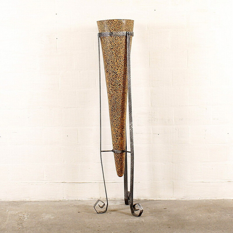 Large decorative wooden vase with metal base - 1960
