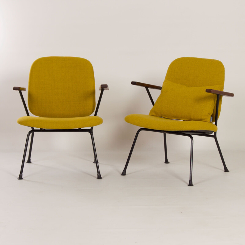 Pair of vintage metal and teak afro armchairs by Gijs Van Der Sluis for van Der Sluis Steel Furniture, The Netherlands 1960