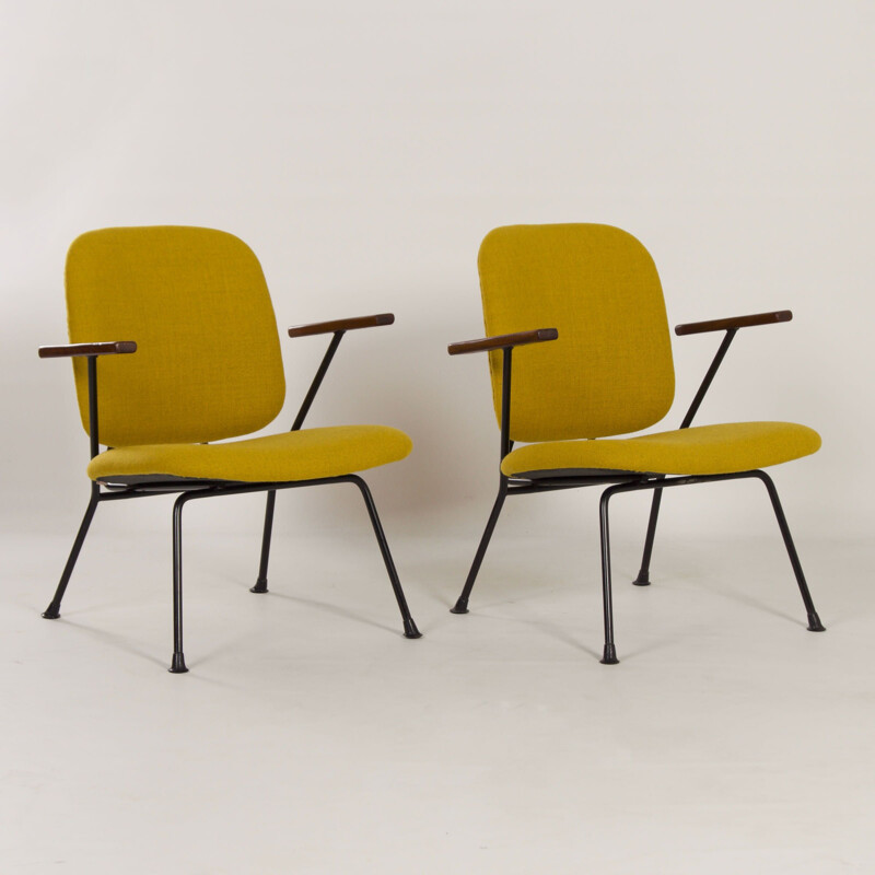 Pair of vintage metal and teak afro armchairs by Gijs Van Der Sluis for van Der Sluis Steel Furniture, The Netherlands 1960