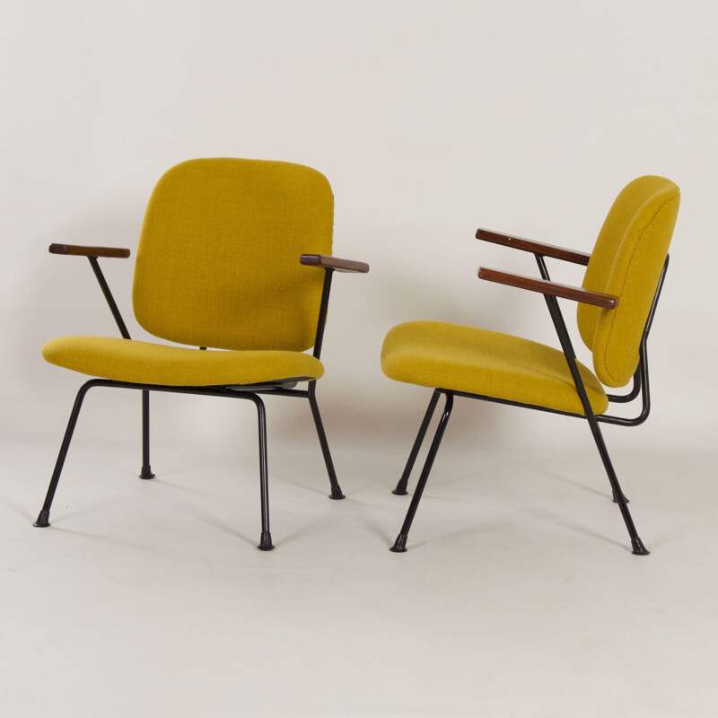 Paar vintage metalen en teakhouten afro fauteuils van Gijs Van Der Sluis voor van Der Sluis Steel Furniture, Nederland 1960