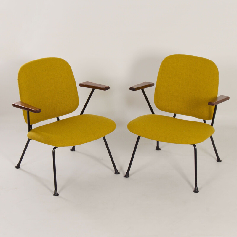 Pair of vintage metal and teak afro armchairs by Gijs Van Der Sluis for van Der Sluis Steel Furniture, The Netherlands 1960