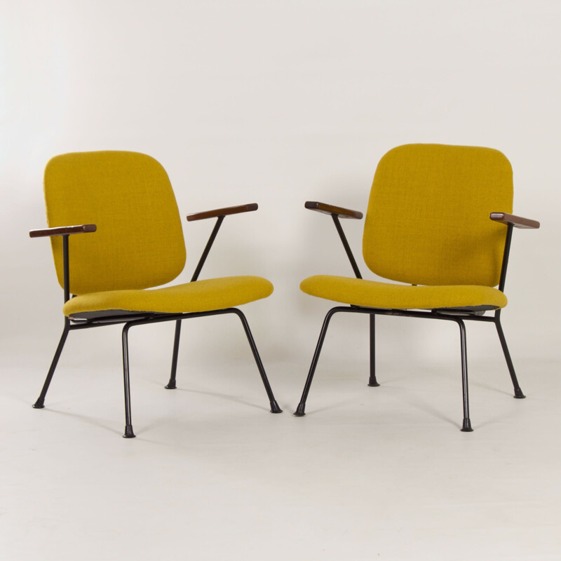 Pair of vintage metal and teak afro armchairs by Gijs Van Der Sluis for van Der Sluis Steel Furniture, The Netherlands 1960