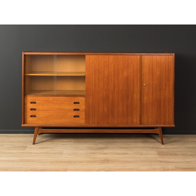 Scandinavian vintage teak highboard with two sliding glass doors, Germany 1960s