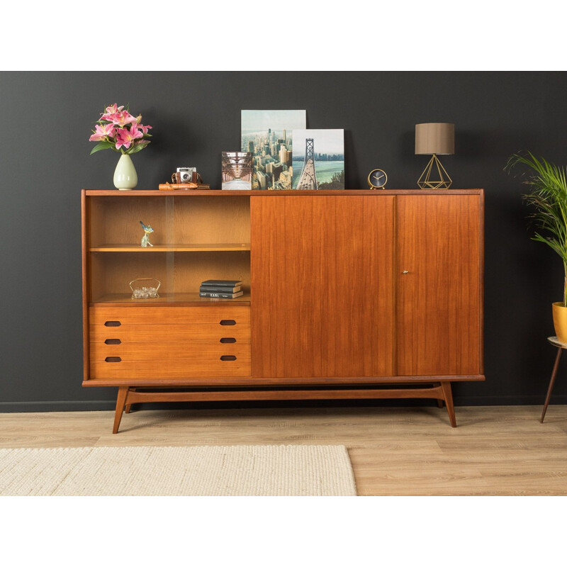 Scandinavian vintage teak highboard with two sliding glass doors, Germany 1960s