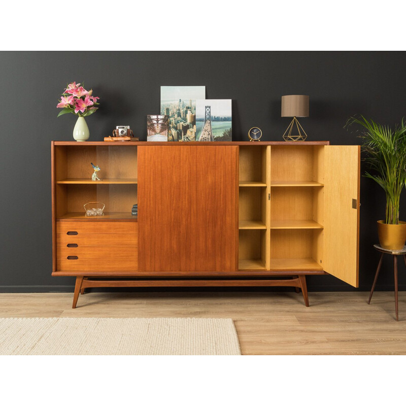 Scandinavian vintage teak highboard with two sliding glass doors, Germany 1960s