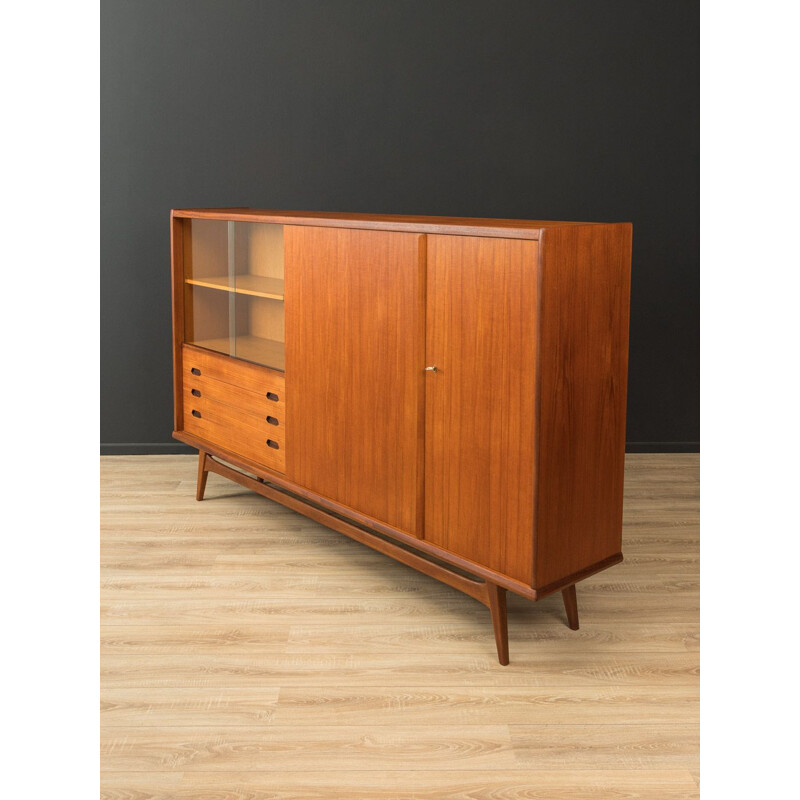 Scandinavian vintage teak highboard with two sliding glass doors, Germany 1960s