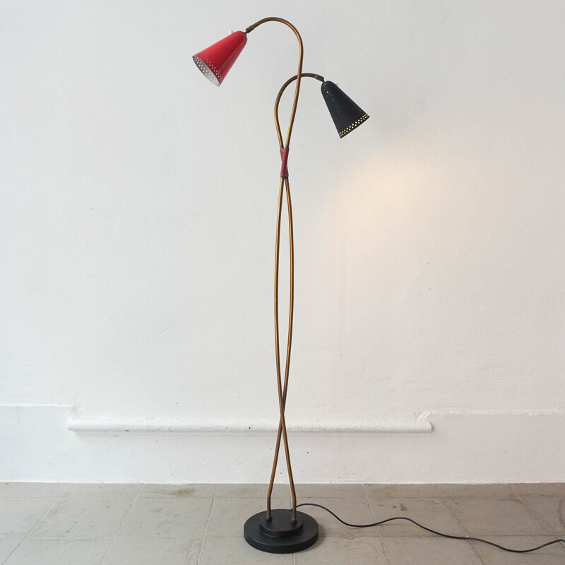 Red & black vintage German double floor lamp, 1950s