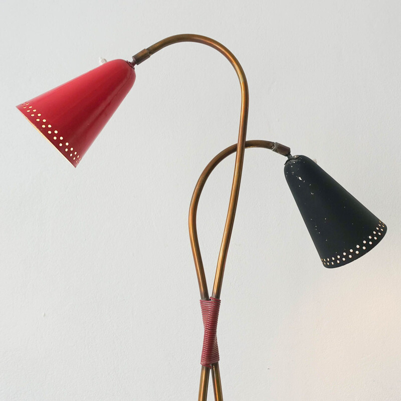 Red & black vintage German double floor lamp, 1950s