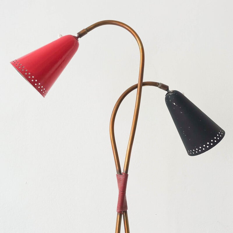 Red & black vintage German double floor lamp, 1950s