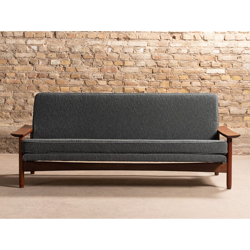 Vintage convertible sofa in teak and dark gray fabric 3 places by Gérard Guermonprez
