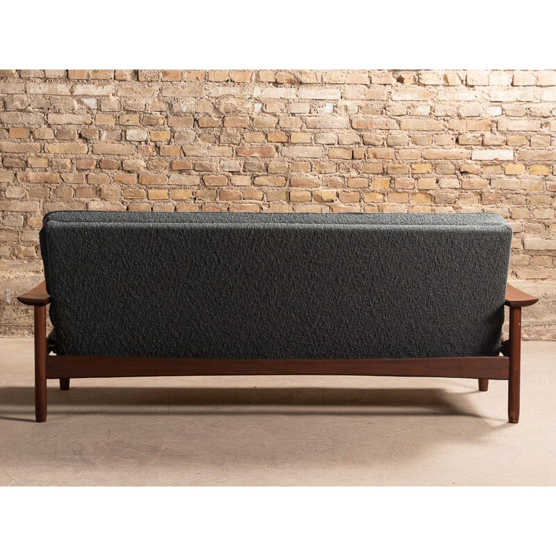 Vintage convertible sofa in teak and dark gray fabric 3 places by Gérard Guermonprez