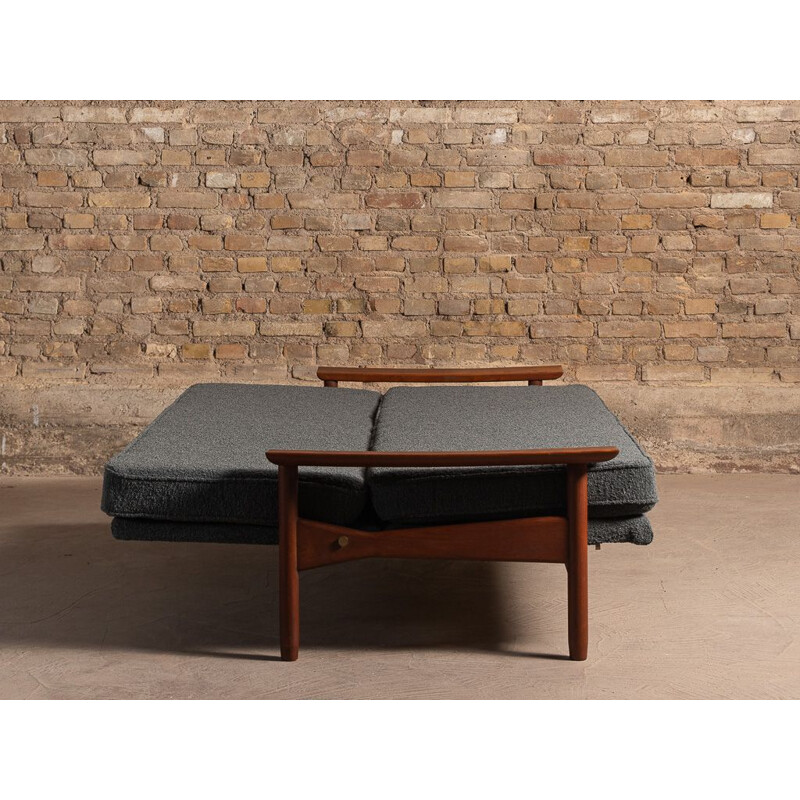 Vintage convertible sofa in teak and dark gray fabric 3 places by Gérard Guermonprez