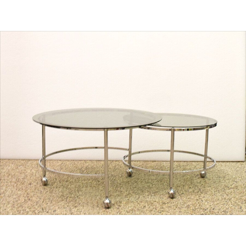 Tables gigognes pivotantes vintage en acier chromé et cristal, 1970