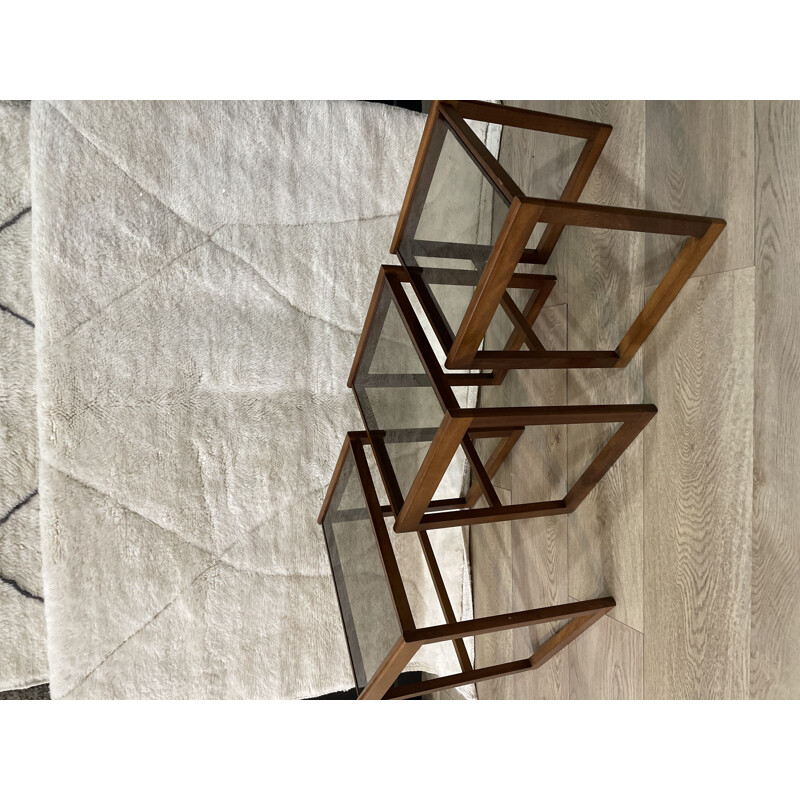 Set of 3 vintage teak and smoked glass nesting tables, 1950