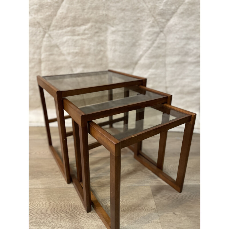 Set of 3 vintage teak and smoked glass nesting tables, 1950