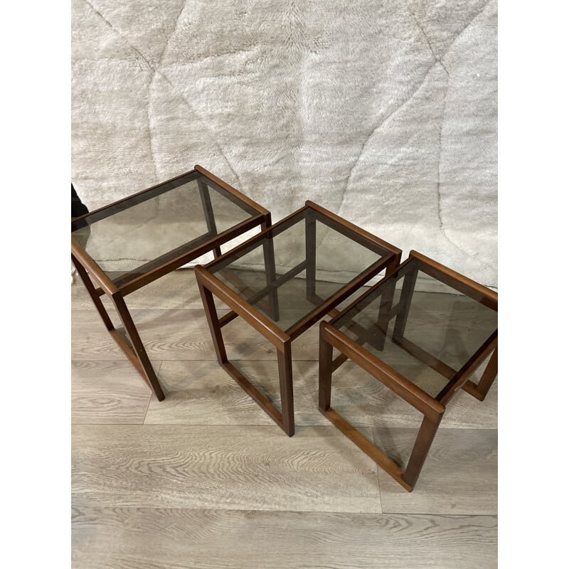 Set of 3 vintage teak and smoked glass nesting tables, 1950