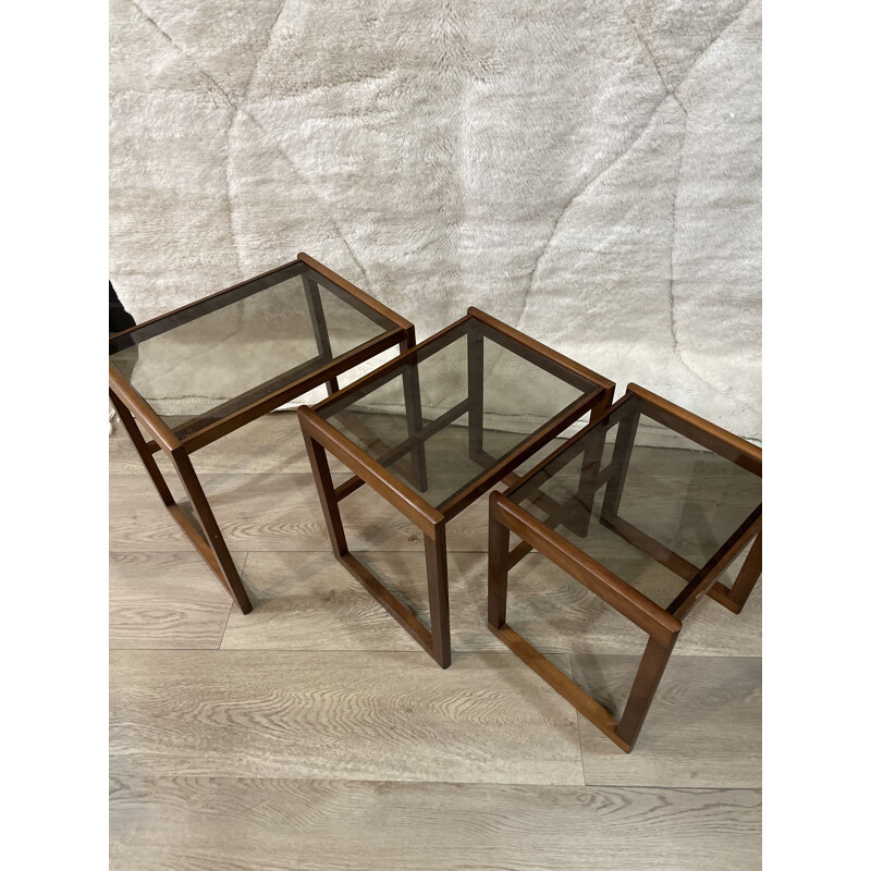 Set van 3 vintage nesttafels in teak en gerookt glas, 1950